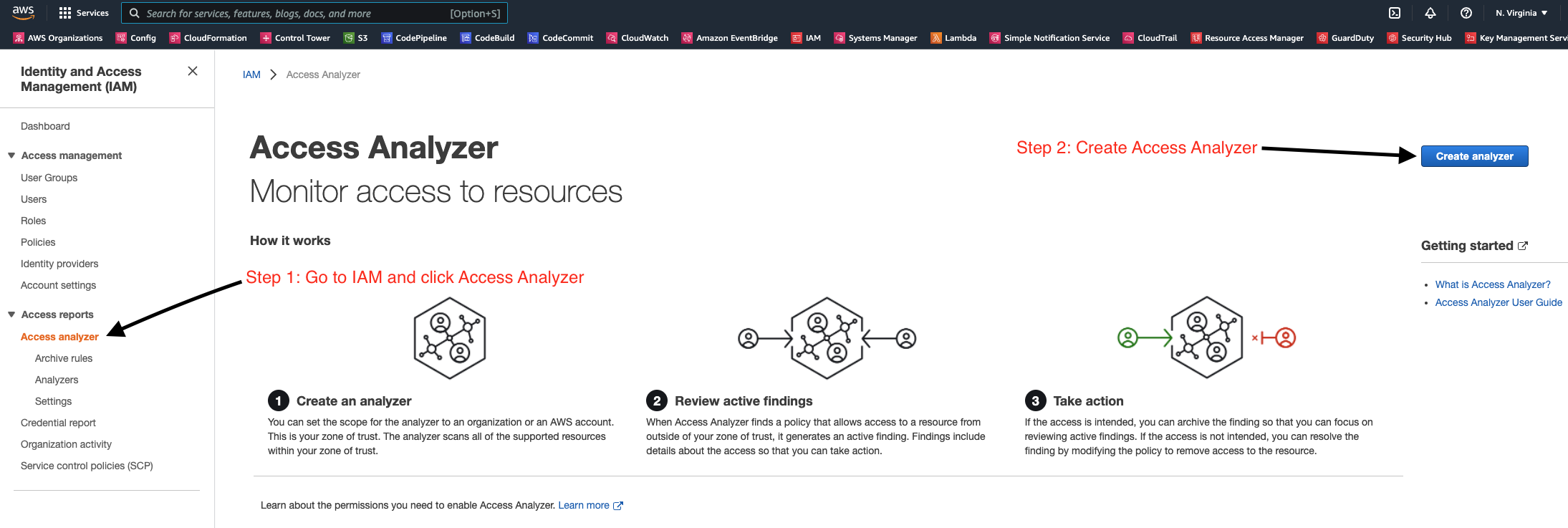 Enable Access Analyzer Step 1 and 2