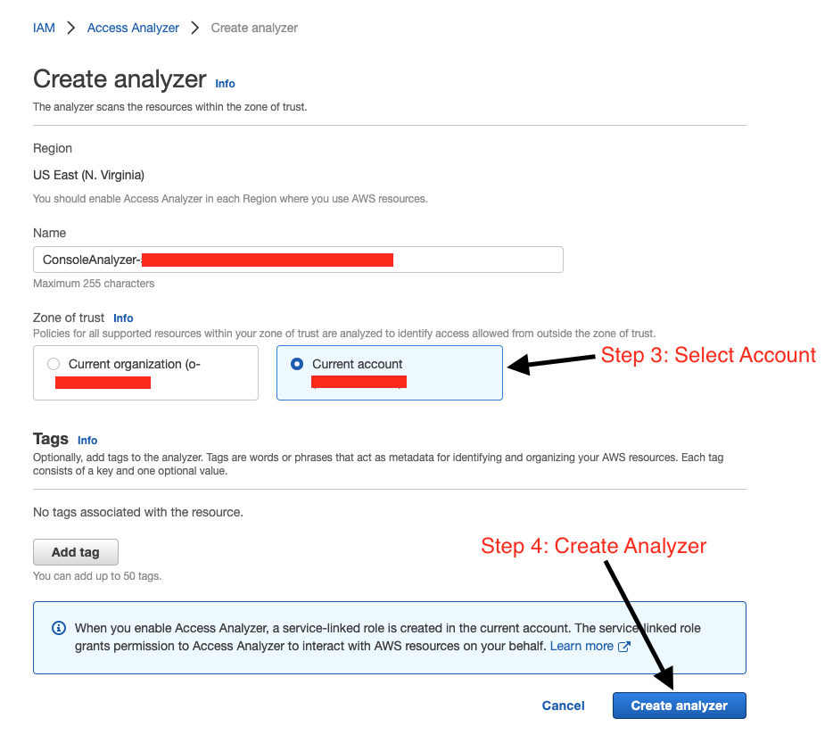 Enable Access Analyzer Step 1 and 2