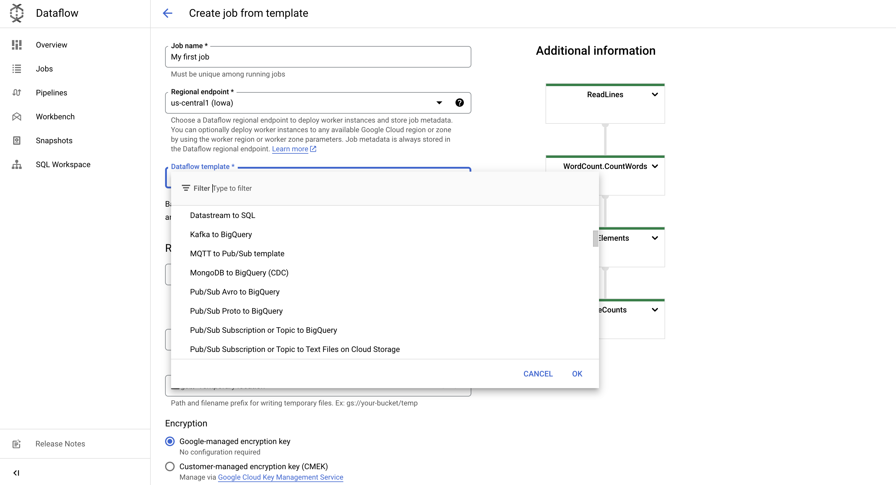 Dataflow create job from template