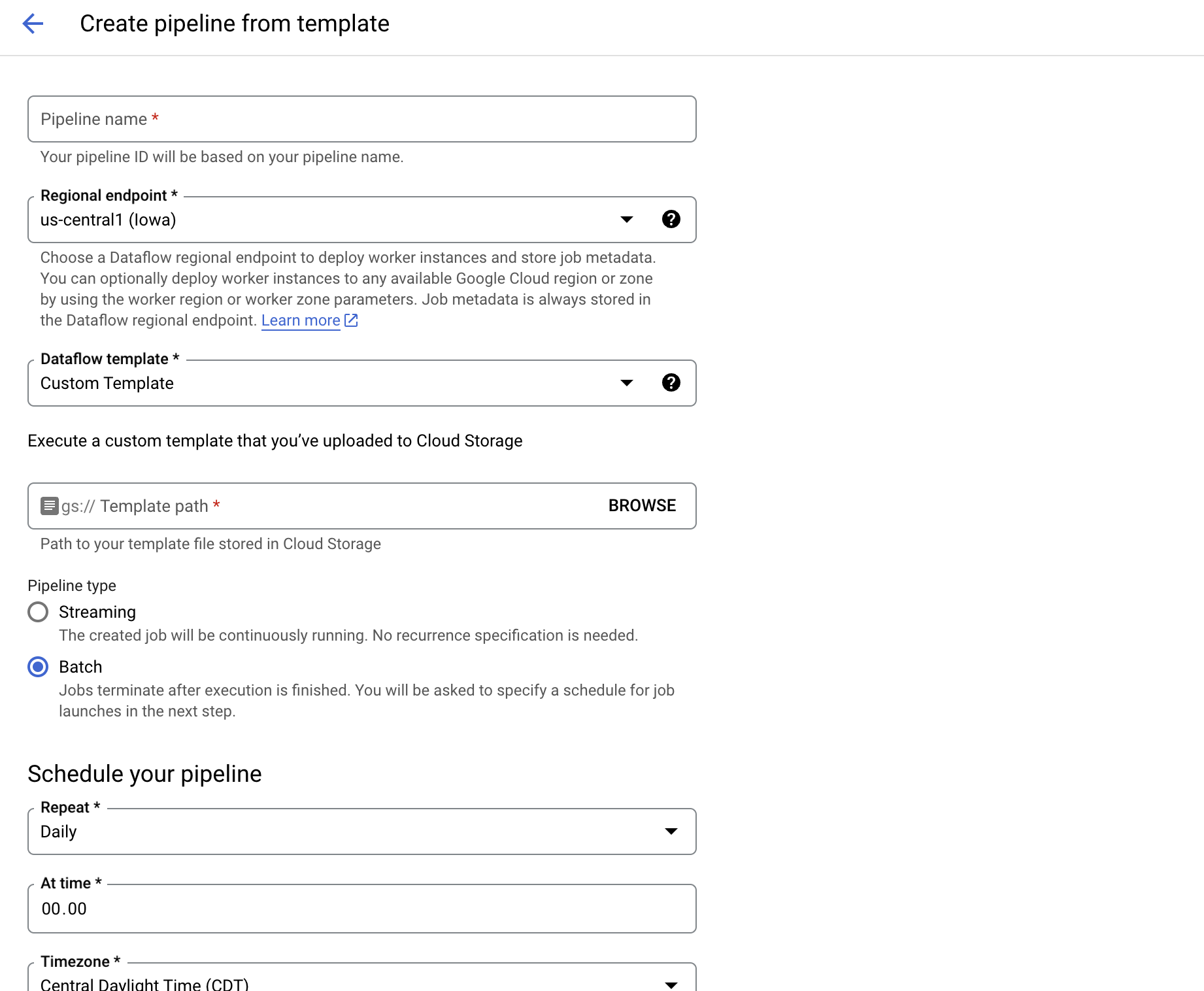 Dataflow create pipeline from template